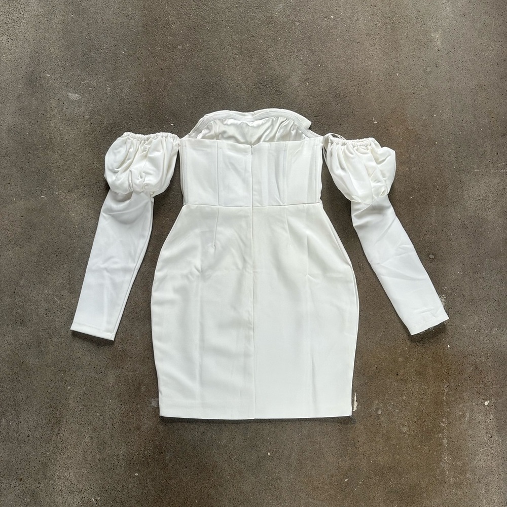 NWT Club L London Bardot Puff Long Sleeve Mini Dress White Size 4 Wedding Bride - Picture 4 of 11